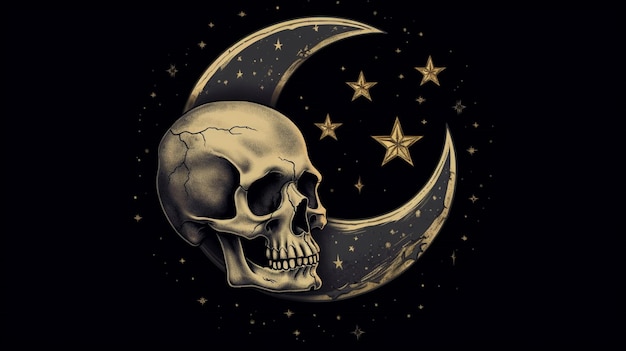 Um crânio com uma lua crescente ou estrelas ao fundo