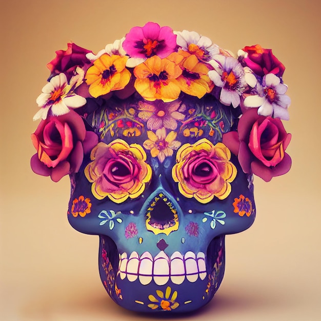 Um crânio de açúcar tradicional Calavera colorido decorado com flores para dia de los muertos Dia dos mortos