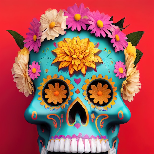 Um crânio de açúcar tradicional Calavera colorido decorado com flores para dia de los muertos Dia dos mortos