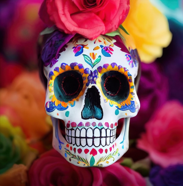 Um crânio de açúcar tradicional Calavera colorido decorado com flores para dia de los muertos Dia dos mortos