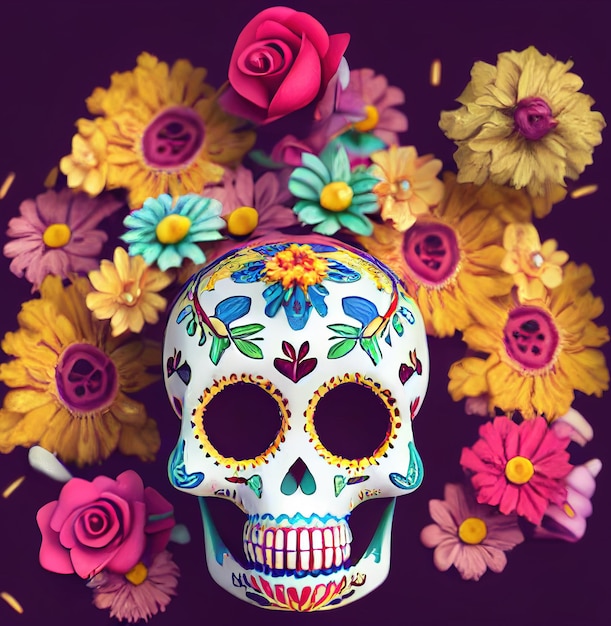 Um crânio de açúcar tradicional Calavera colorido decorado com flores para dia de los muertos Dia dos mortos