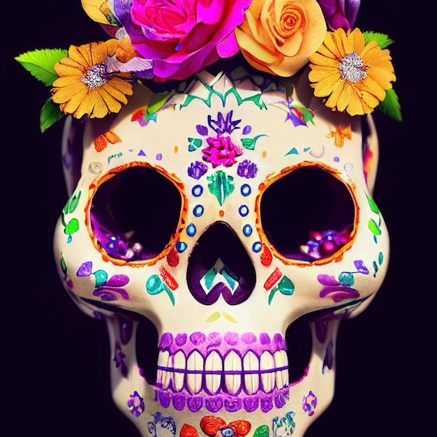 Um crânio de açúcar tradicional Calavera colorido decorado com flores para dia de los muertos Dia dos mortos