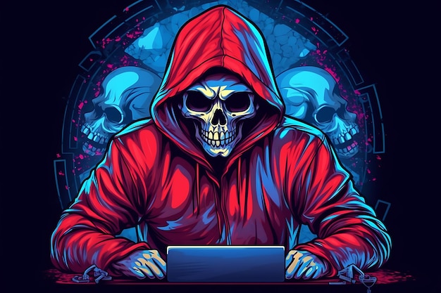 um crânio de capuz assustador está sentado na frente de um laptop