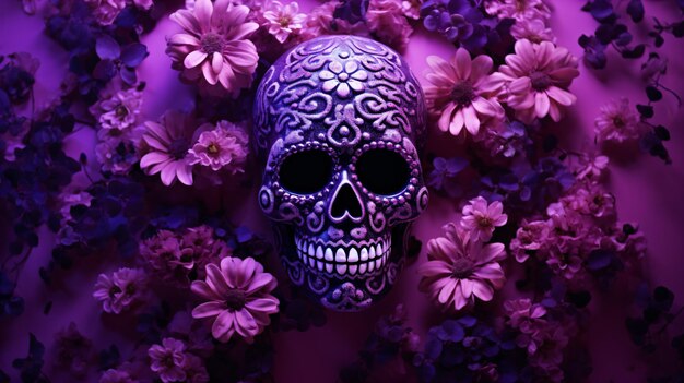 um crânio é cercado por flores em um fundo roxo