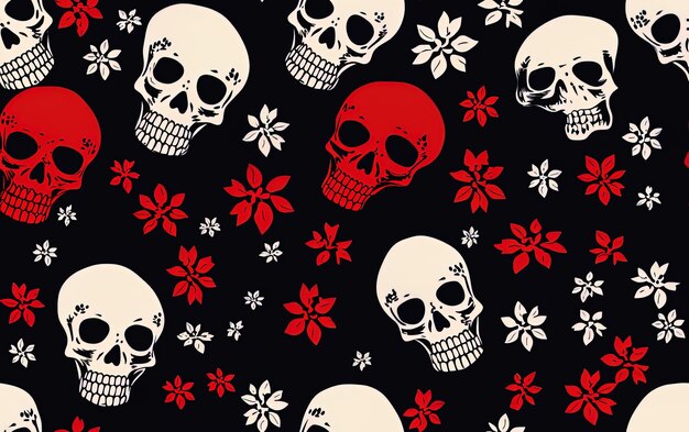 Um crânio e um crânio estão em um fundo preto com flores vermelhas