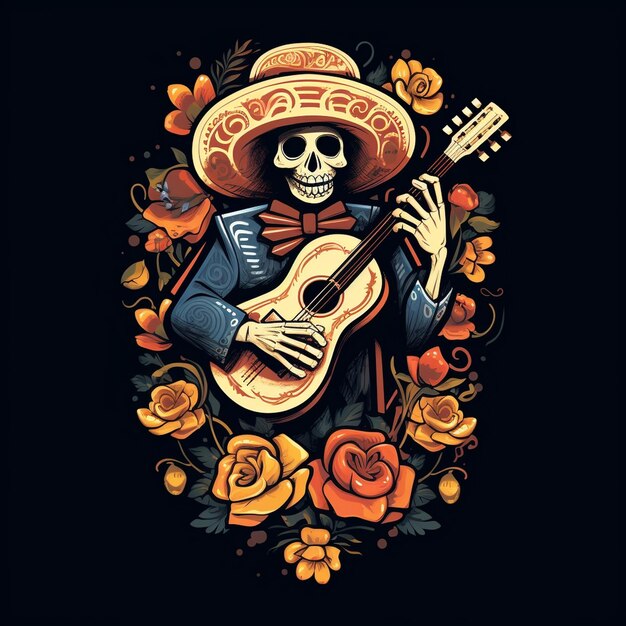 Um crânio e uma guitarra que diz "sombrero".