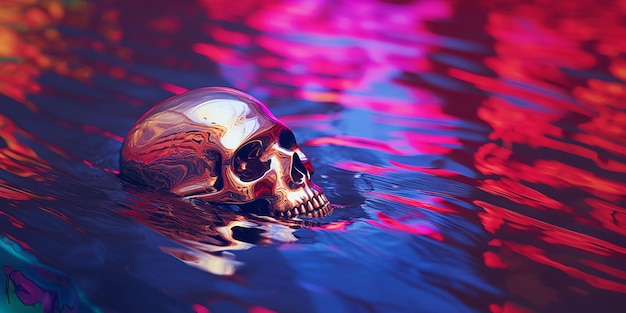 Um crânio humano parcialmente submergido em água ondulada com tons rosa e azul papel de parede de alta qualidade