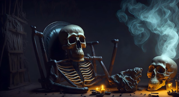 um crânio humano sentado em uma cadeira o pano de fundo de uma casa mal-assombrada sua luz misteriosa lança sombras misteriosas