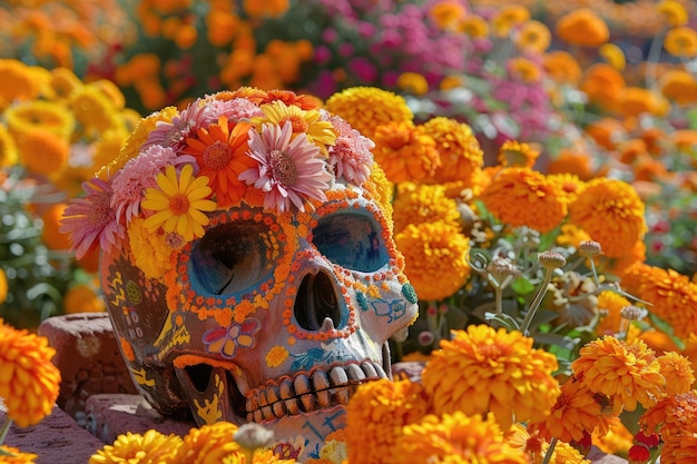Foto um crânio mexicano coberto de flores, um símbolo impressionante do dia de muertos, refletindo a mistura de beleza e reverência na tradição mexicana de celebrar a vida daqueles que morreram.