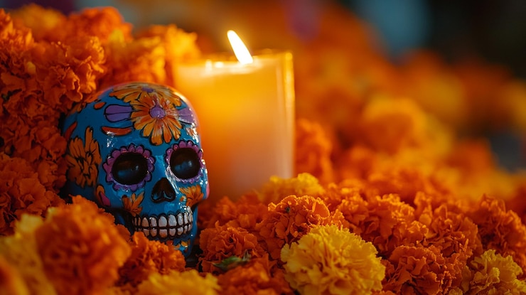 Foto um crânio senta-se ao lado de uma vela com flores e uma vela