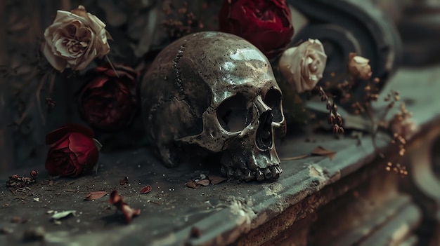 Um crânio senta-se numa laje de pedra o crânio é velho e desgastado e os dentes estão faltando rosas são colocadas em torno do crânio
