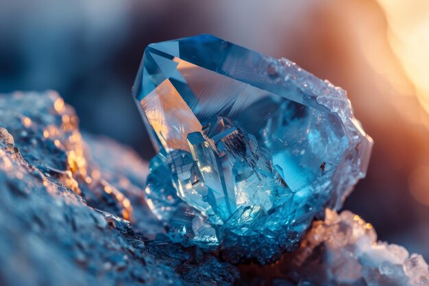 Um cristal azul está numa rocha