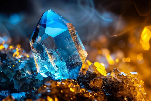 Um cristal azul senta-se numa pilha de pedras
