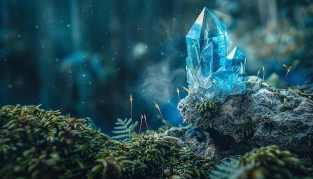 Um cristal azul senta-se numa rocha musgosa numa floresta.