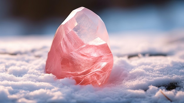 um cristal rosa na neve