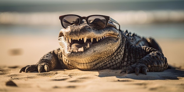 Foto um crocodilo com óculos de sol na areia