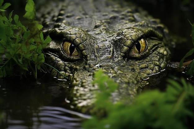 um crocodilo com olhos amarelos e olhos verdes está submerso na água.