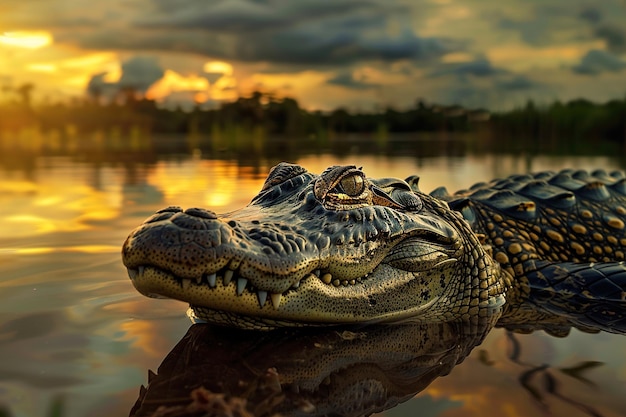 um crocodilo com um pôr-do-sol no fundo