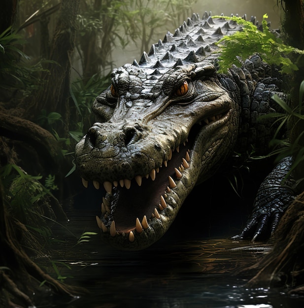 um crocodilo com uma língua comprida está na selva.