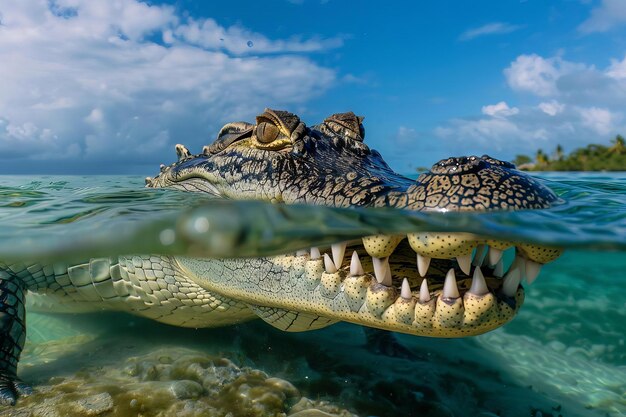 Um crocodilo de água salgada à espreita logo abaixo da superfície da água com as mandíbulas abrindo lentamente