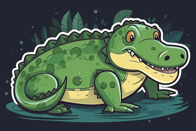 Um crocodilo de desenho animado com rosto e olhos verdes.