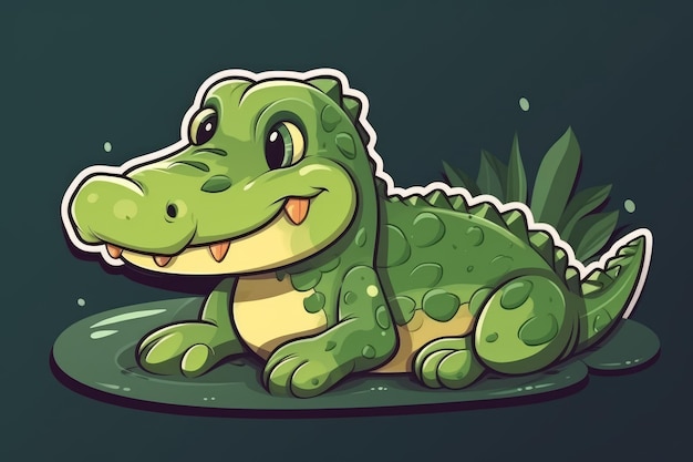 Um crocodilo de desenho animado está sentado em uma folha.