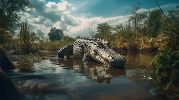 Foto um crocodilo em um rio com um céu nublado ao fundo