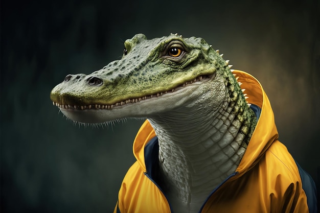 Um crocodilo em uma jaqueta amarela com capuz amarelo.