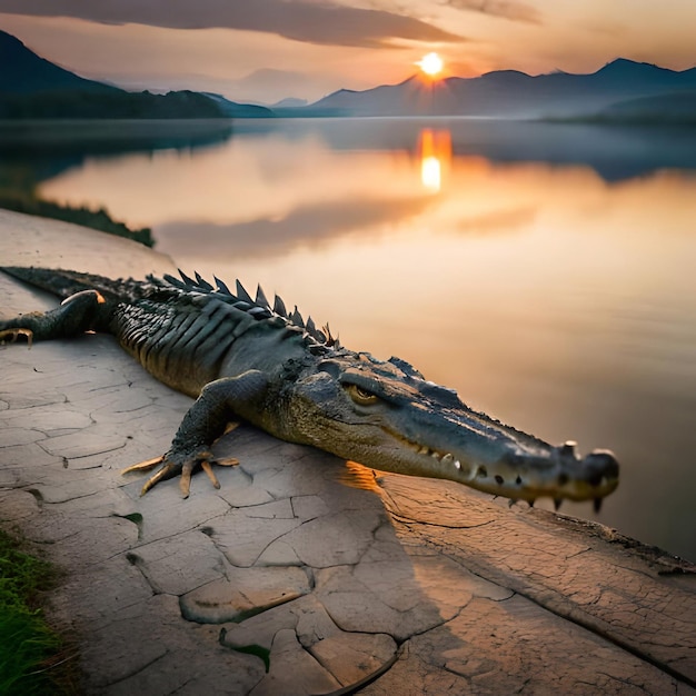 Um crocodilo está deitado no chão ao lado de um lago.