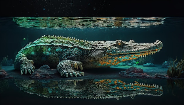 Um crocodilo na água com reflexos e ondulações e um jacaré na natureza Generative Ai