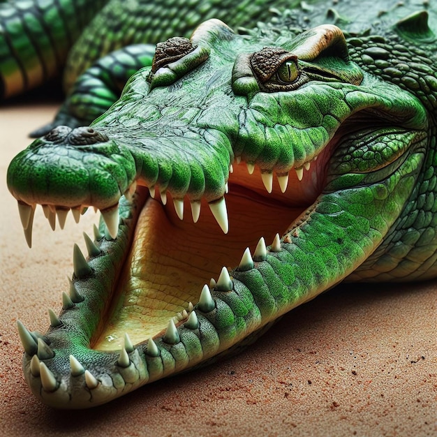 Foto um crocodilo verde e escamoso deitado na areia com a boca aberta com os dentes e olhos mostrando