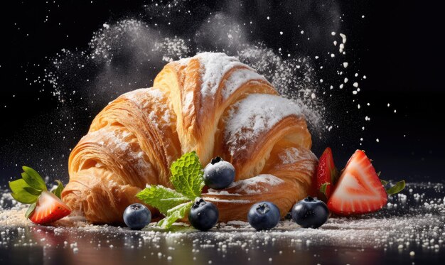 Um croissant coberto com açúcar de confeiteiro e frutas