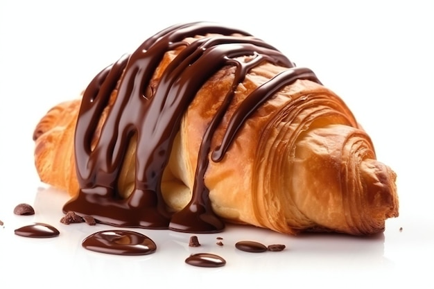 Um croissant com calda de chocolate e regado por cima.