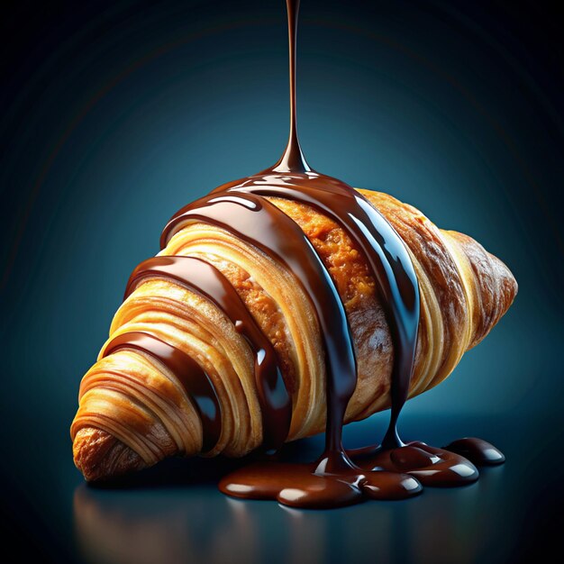 Foto um croissant com chocolate na parte inferior croissant recém-cozido com fundo azul escuro