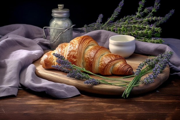 Um croissant com um galho de lavanda para decoração