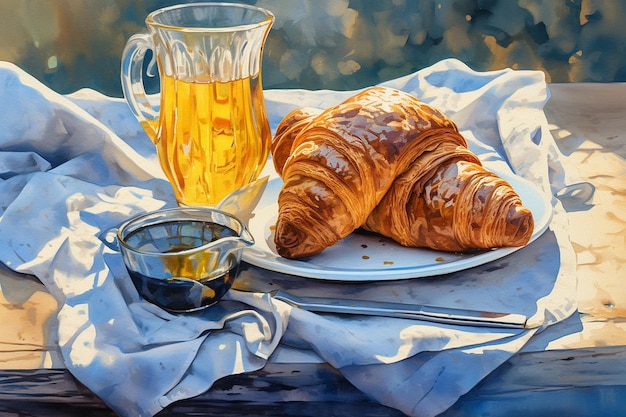 Um croissant e um conjunto de aquarelas para uma manhã artística