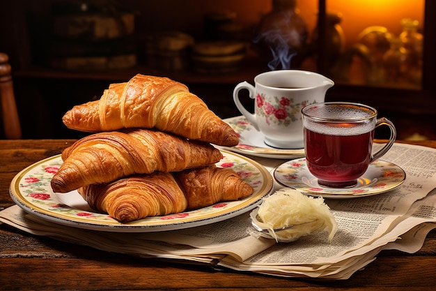 Um croissant e uma pilha de jornais frescos.