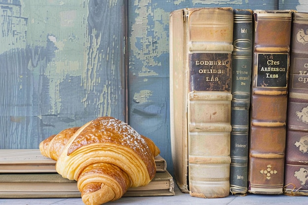 Um croissant e uma pilha de livros de literatura clássica.