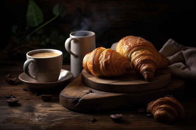 Um croissant e uma xícara de café em uma mesa de madeira