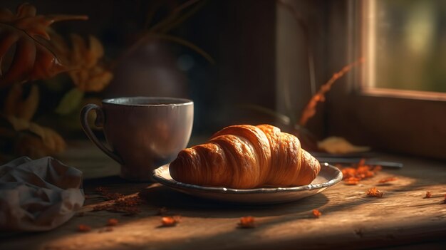 Um croissant e uma xícara de café estão sobre uma mesa em frente a uma janela.