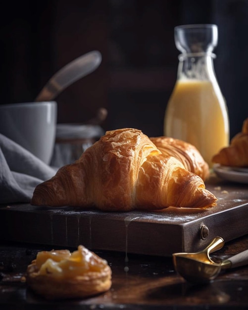 Um croissant e uma xícara de manteiga estão sobre uma mesa ao lado de um croissant.