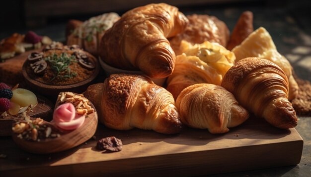 Um croissant francês rústico fresco e indulgente na mesa de madeira gerada por IA