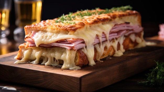 Um croque monsieur é uma sanduíche quente feita com presunto e queijo