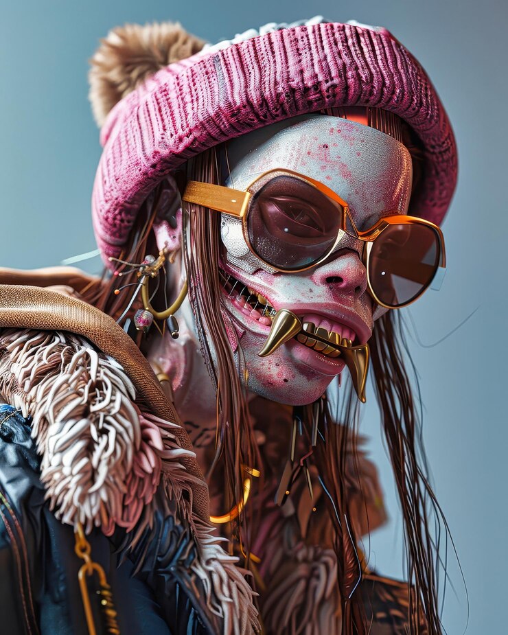 Foto um cruzamento entre um robô e um zumbi na forma de uma mulher.