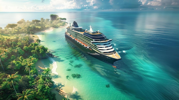 Um cruzeiro moderno navega para uma ilha paradisíaca tropical