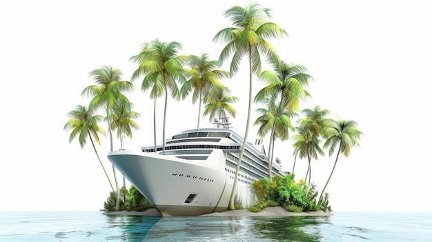 Um cruzeiro navegando no oceano cercado de palmeiras