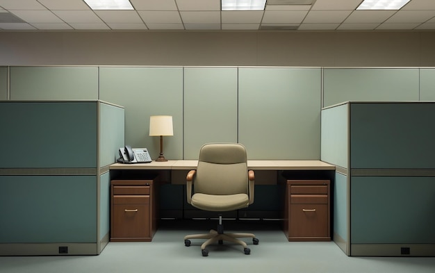 Um cubículo de escritório com uma cadeira e uma mesa AI
