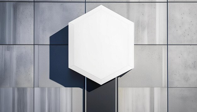 Foto um cubo branco é colocado em uma parede cinza com um quadrado branco na parte superior