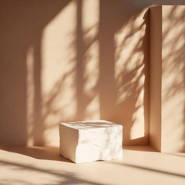 Um cubo branco fica em frente a uma parede com o sol brilhando sobre ele.