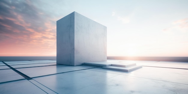 Um cubo branco fica em um piso de concreto em frente ao céu do pôr do sol.